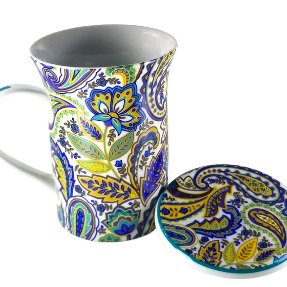 Lidded Tall 8oz Coffee Mug Gift Box Porcelain Blue/Yellow Paisley Floral B&N Mug - Picture 2 of 12